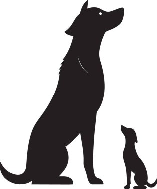 Bir köpeğin siyah siluet vektörü ve küçük köpek ikisi de beyaz arkaplanda yukarıya bakıyor.