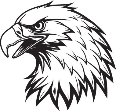 Ayrıntılı bir kartal baş portresinin siyah ve beyaz vektör silueti ve karmaşık tüy dokusu