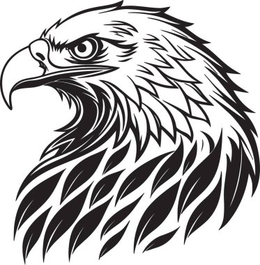 Görkemli bir kartal kafasının siyah ve beyaz vektör silueti ayrıntılı katmanlı tüyleri ve delici gözleriyle