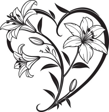 Zambak çiçeklerinin siyah ve beyaz vektörü, kavisli saplı bir kalp şeklinde dizilmiş, aşk ve romantik çiçekler için ideal.