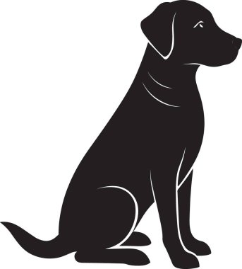 Sadık bir köpeğin siyah beyaz vektör silueti ayrıntılı çizgi çizimleriyle oturuyor.