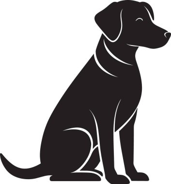 Ayrıntılı özelliklere sahip, profil görünümünde oturan bir köpeğin siyah ve beyaz vektör silüeti
