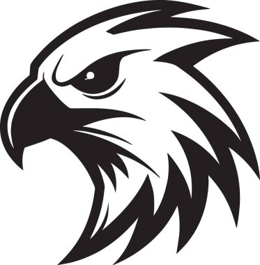 Yoğun ifadesi ve detaylı tüyleriyle bir kartal kafasının siyah ve beyaz vektör silueti