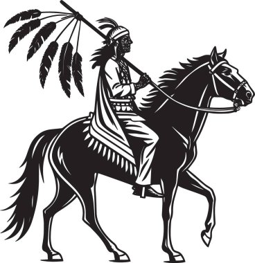 Amerikan yerlisi bir şefin siyah beyaz vektör silueti tüy başlıklı bir ata biniyor.