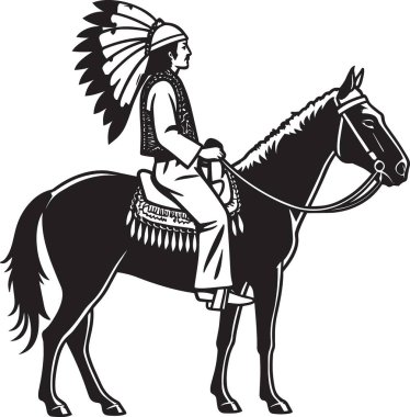 Siyah ve beyaz vektör silueti. Amerikan yerlisi bir savaşçının at sırtında, tüylü başlığıyla.