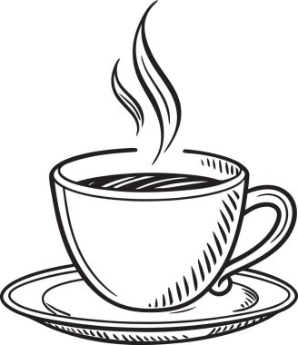 Sıcak kahve fincanının yükselen buharlı siyah ve beyaz çizimi