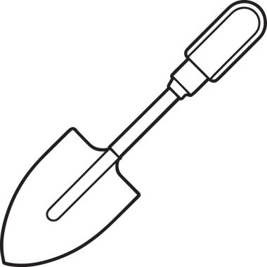 Düz bıçaklı küçük bir bahçe küreğinin siyah-beyaz çizimi