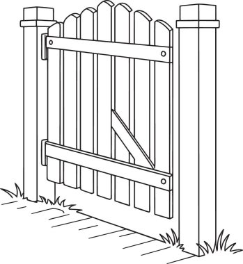 Bahçe bahçesinde klasik bir ahşap çitin siyah-beyaz çizimi