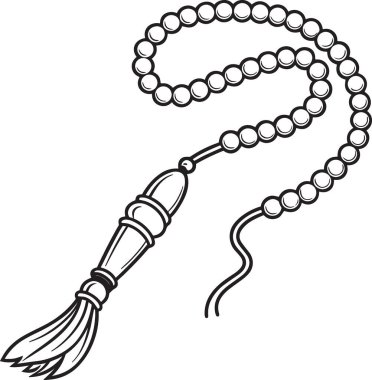 İslami dua boncuklarının siyah beyaz temsili tasbih tespihi tassel detaylarıyla tasviye edilmiş.