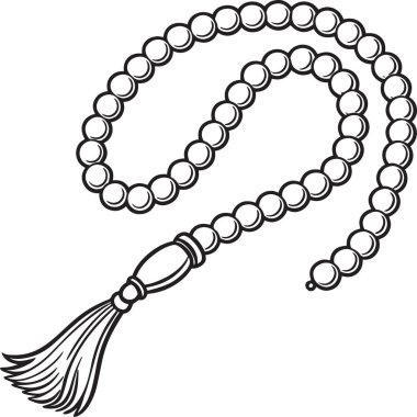 Müslüman dua boncuklarının siyah beyaz vektör silueti ve dikey olarak süslemeli püskülleri.