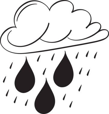 Yağmurlu ve büyük siyah su damlacıkları düşen bir bulutun siyah ve beyaz çizimi