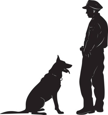 Bir polis memurunun siyah siluet vektörü eğitimli bir K9 Alman çoban köpeğiyle duruyor.