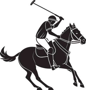 Polo maçında tokmak sallayan at sırtındaki bir polo oyuncusunun siyah siluet vektörü