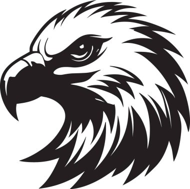 Dramatik akış tüyleri ve cesur sanatsal tarzıyla bir kartal kafasının siyah ve beyaz vektörü