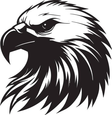 Rüzgâr tarafından süpürülmüş tüyleri dramatik bir şekilde uçuşan bir kartal başının siyah ve beyaz vektör çizimi