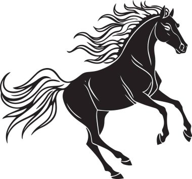 Görkemli bir atın siyah siluet vektörü yelesi ve kuyruğu dört nala koşuyor.