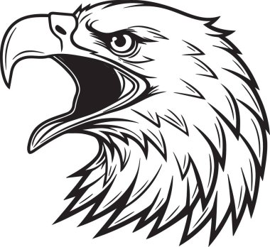 Açık gagalı ve vahşi bir ifadeyle çığlık atan kel kartalın siyah ve beyaz çizimi