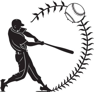 Beyzbol oyuncusunun siyah siluet vektörü beysbol ve dikiş desenli çelenk kenarına vuruyor