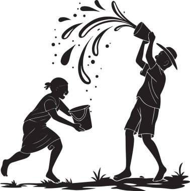 Oynayan ve birbirlerine su sıçratan iki çocuğun siyah siluet vektörü.