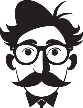 Yuvarlak gözlüklü, bıyıklı, dağınık saçlı ve tüttüren piposu olan bir adamın siyah beyaz vektör silueti.