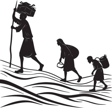 Siyah ve beyaz mülteci silueti uzun bir yolculukta eşyalar taşıyarak birlikte yürüyorlar.