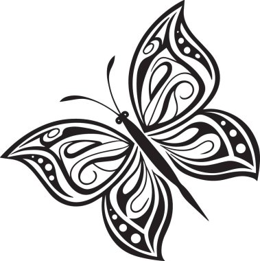 Kanatlarında dekoratif girdap desenleri olan bir kelebeğin siyah ve beyaz çizimi