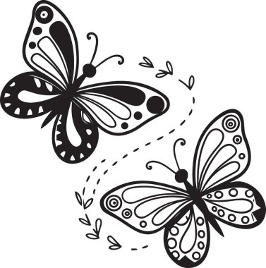 Süslü noktalı kanat desenleri ve çiçek elementleriyle dekoratif kelebeklerin siyah ve beyaz çizimi