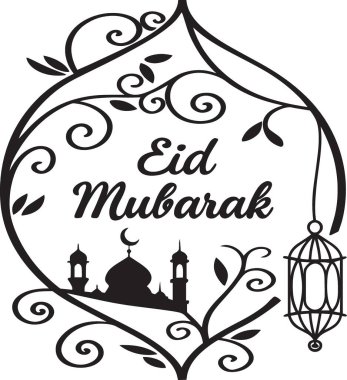 Mübarek bayramının siyah-beyaz çizimi cami silueti feneri ve çiçek süslemeleriyle karşılanıyor.