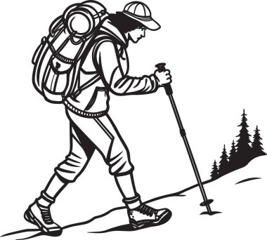 Büyük bir sırt çantası ve dağlarda yürüyen sırık taşıyan bir yürüyüşçünün siyah ve beyaz vektör çizimi