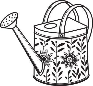 Çiçek ve yaprak desenleriyle süslenmiş dekoratif sulama kutusunun siyah ve beyaz vektör çizimi