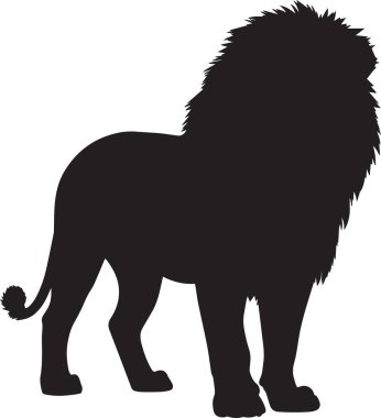 Beyaz arka planda duran görkemli bir aslanın siyah vektör silueti.