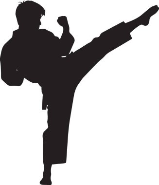 Bir dövüş sanatçısının siyah siluet vektörü dövüş duruşunda yüksek bir yan tekme atıyor.