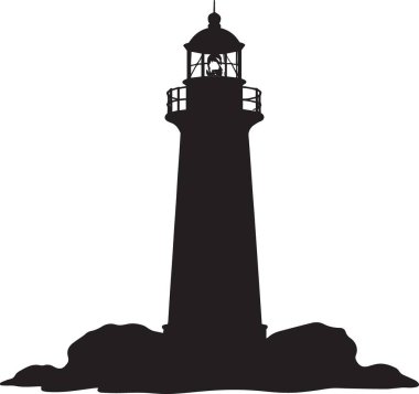 Fener kulesi ve mimari detaylarıyla kayalık sahildeki bir deniz fenerinin siyah silueti.