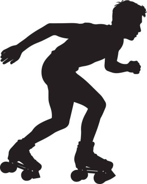 Dinamik çömelme pozisyonunda kaykay yapan birinin siyah siluet vektörü bir numara yapıyor.