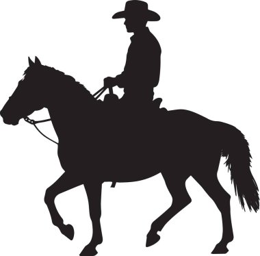 Siyah siluet taşıyıcı, at süren biri, sakin yürüyüş pozunda, şapka takıyor.