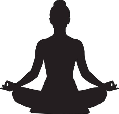 Lotus meditasyonunda oturan bir kadının siyah siluet vektörü yoga ve farkındalık yapıyor.