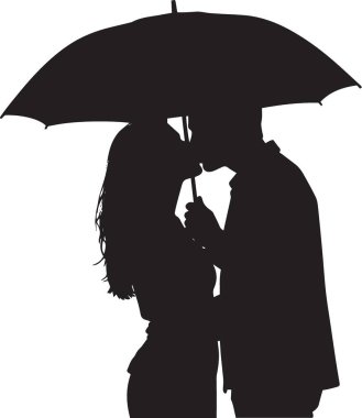 Romantik bir çiftin siyah silueti yağmurda şemsiyenin altında yan yana duruyor.
