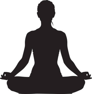 Oturmuş yoga pozu almış, bacakları hasırda çapraz duran bir kadının siyah silüet vektörü.