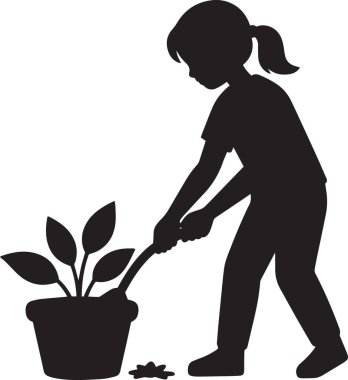 Genç bir kızın siyah siluet vektörü bahçeye tohum ekmeye çalışıyor.