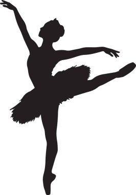 Arabesk pozisyonunda bir balerinin siyah siluet vektörü. Bir bacağı açık ve kolları zarif bir şekilde yerleştirilmiş.