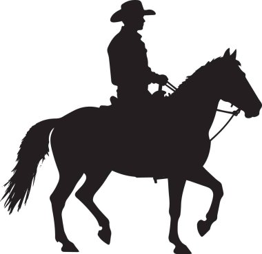 Bir kovboyun siyah siluet vektörü, kovboy şapkası ve dizginleri ile batı tarzında ata biniyor.