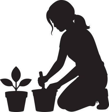 Siyah siluet bir kadın vektörü tezgahta yemek pişiriyor yakınlardaki bitkilerle yemek hazırlıyor.