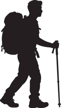 Yürüyen bir sopa ve ağır bir sırt çantasıyla yürüyüş yapan yaşlı bir kişinin siyah siluet vektörü