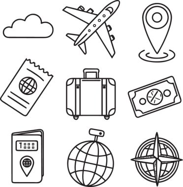 Uçak, bagaj, pasaport, bilet ve seyahat tasarım unsurları içeren siyah ve beyaz vektör simgesi