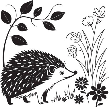 Mantarlar, çiçekler, çimenler ve yapraklarla kaplı bir ormanda kirpinin siyah ve beyaz vektör silueti