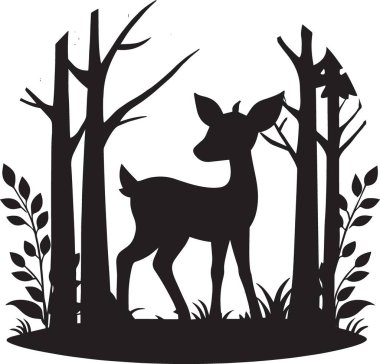 Geyik ailesinin siyah ve beyaz vektör silueti. Anne geyik ve geyik yavrusu bir orman sahnesinde ağaçların arasında yürüyor.