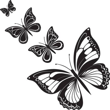 Sanatsal düzende süslü ayrıntılı kanat desenleri olan kelebeklerin siyah vektör silueti