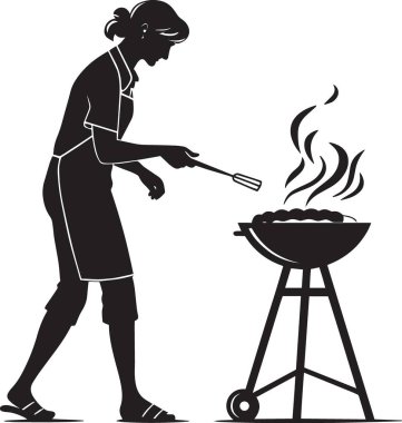 Siyah vektör silueti, bir erkek ve kadının açık havada barbekü ızgarasında birlikte yemek pişirmesi.