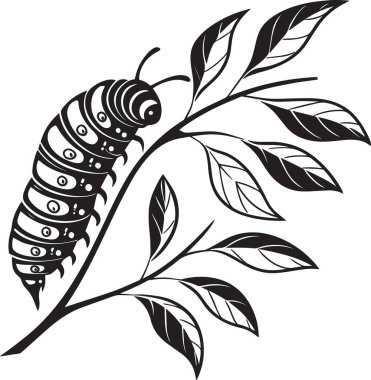 Dekoratif yaprak dalında sürünen bir tırtılın siyah ve beyaz vektör silueti.