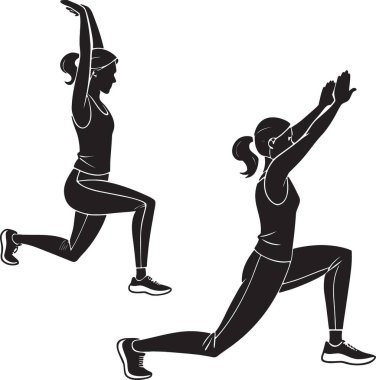 Bir kadının siyah ve beyaz vektör silueti formda hareket eder.